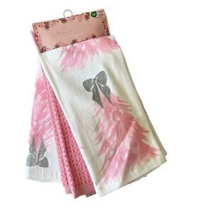 Pink Christmas Tree Kitchen Towels w/ Silver Glitter Bow Set of 4 Holiday GLA6